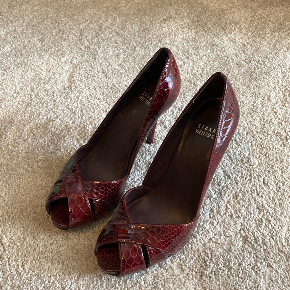 Light worn Stuart Weitzman maroon snakeskin platform open toe pumps